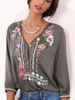 Bohemian Floral Casual V-Neckline Sleeves Peasant Blouses Tops