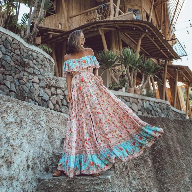 the-shoulder Bohemia Maxi Chiffon Floral Print Dress Beach Style Vacation Dress