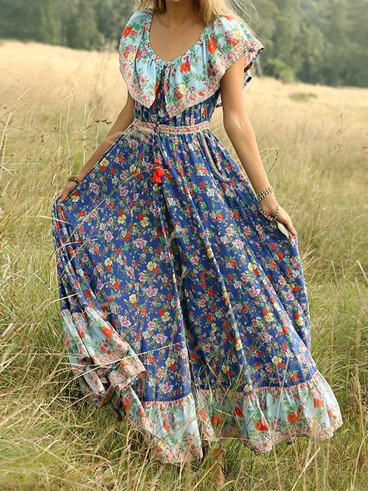 Off-the-shoulder Bohemia Maxi Chiffon Floral Print Dress Beach Style Vacation Dress