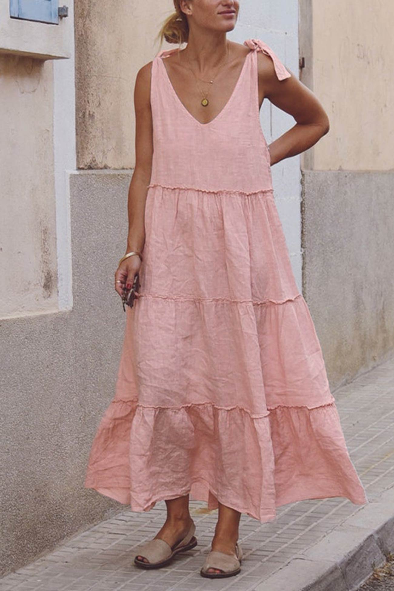 Cotton Tie-straps Tiered Dress