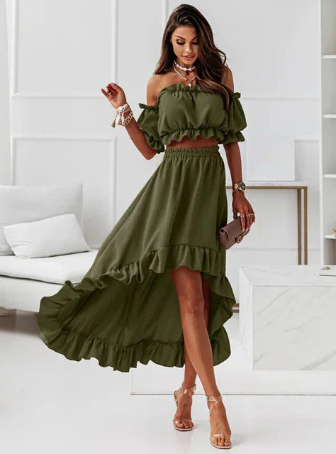 Ivyshape | Women's Long Back Ruffles Accent Dress Off Shoulder