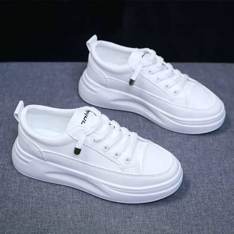 Fashionable Thick-Soled White Lace-Up Sneakers for Women