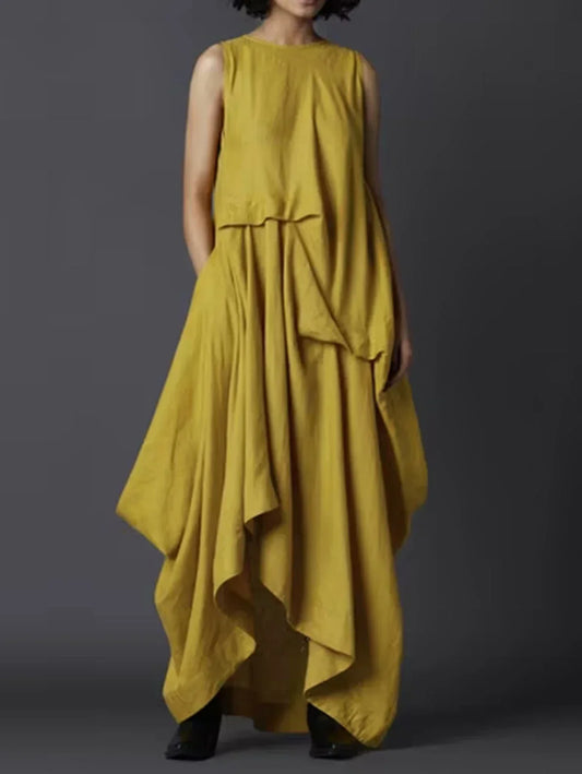 Ivyshape | Pleated Pockets Asymmetric Hem Long Dress Solid Casual Round Neck