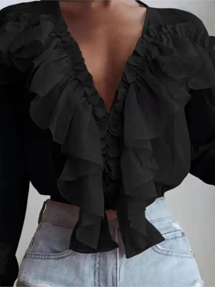 Women's Spring/Autumn V-Neck Pleated Ruffle Blouse