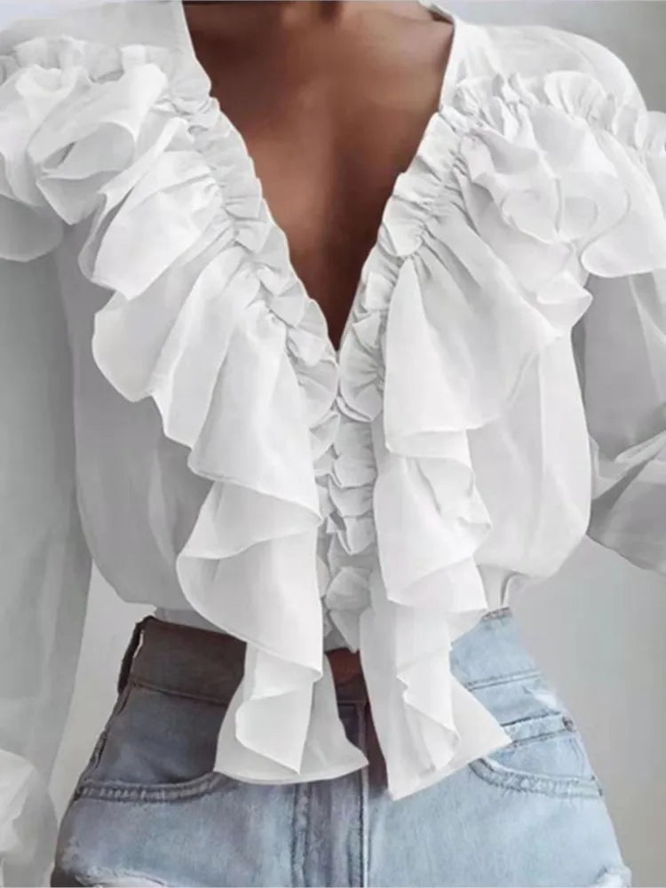 Women's Spring/Autumn V-Neck Pleated Ruffle Blouse