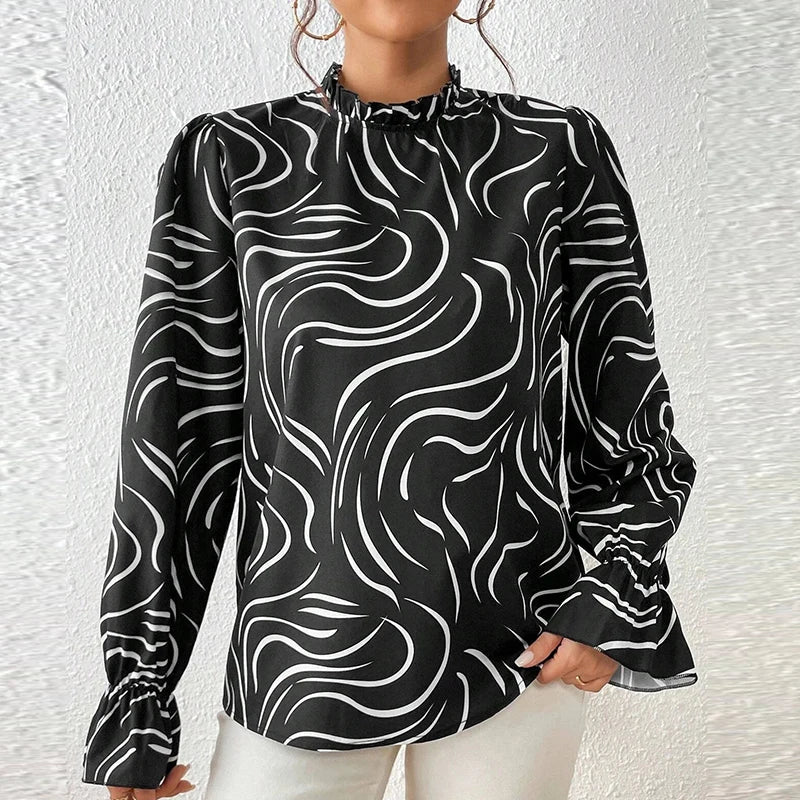 Elegant Ruffled Printed Blouse for Women