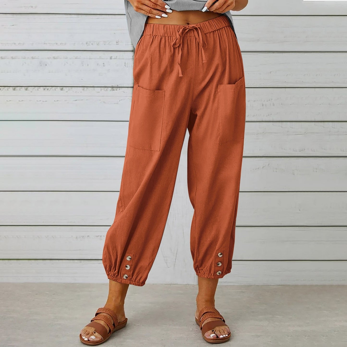 Ivyshape | Pants Ladies Linen Capri Pants for Relaxed Comfort In A Loose Style