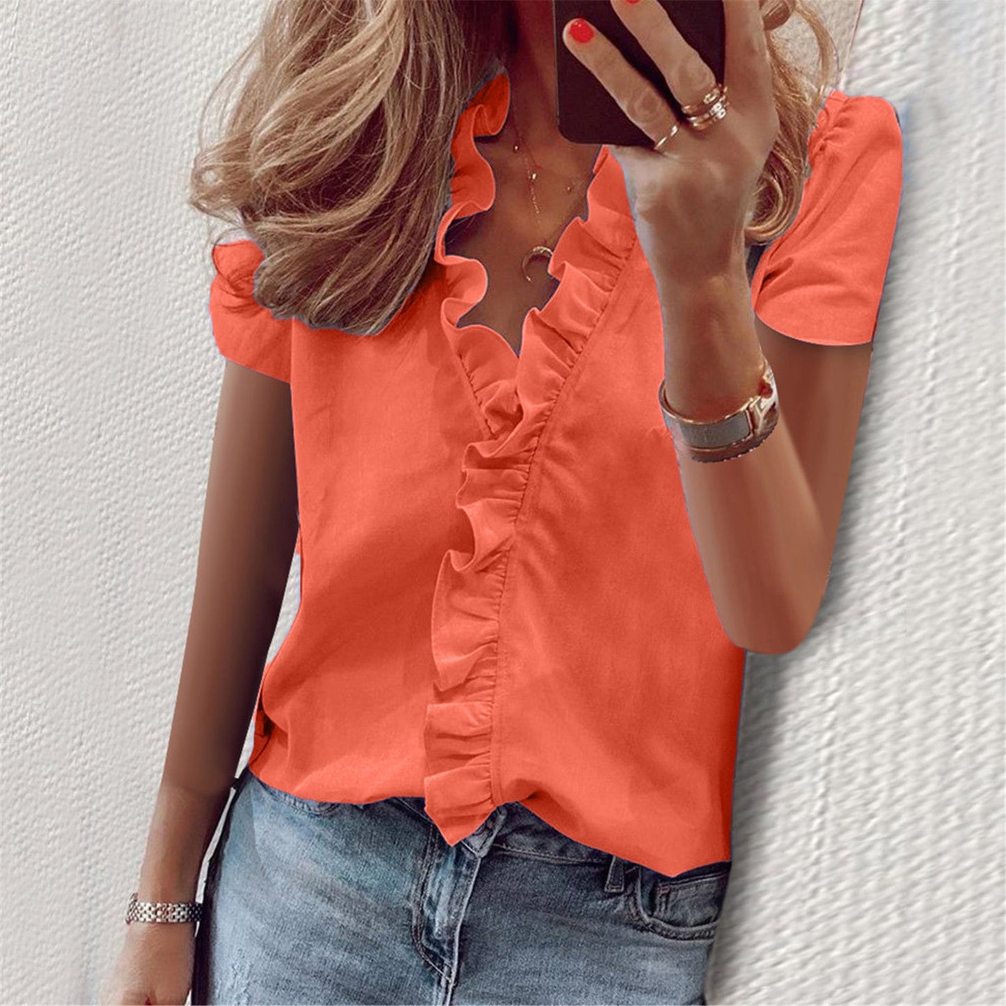 V-Neck Ruffle Lantern Sleeve Blouse