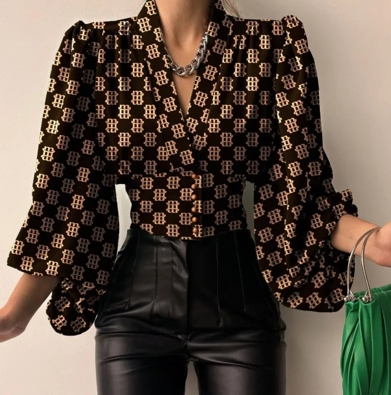 Women's Floral Print V-Neck Long Sleeve Blouse