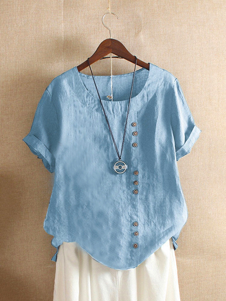 Women's Summer Loose Fit Button Short Sleeve Blouse