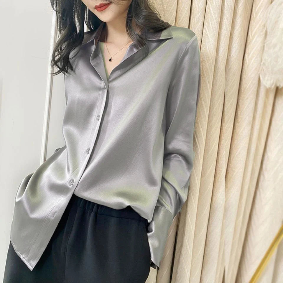 Elegant Satin Long-Sleeved Blouse for Women