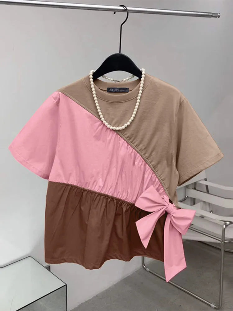 Casual O-Neck Color Block Short Sleeve Blouse for Women