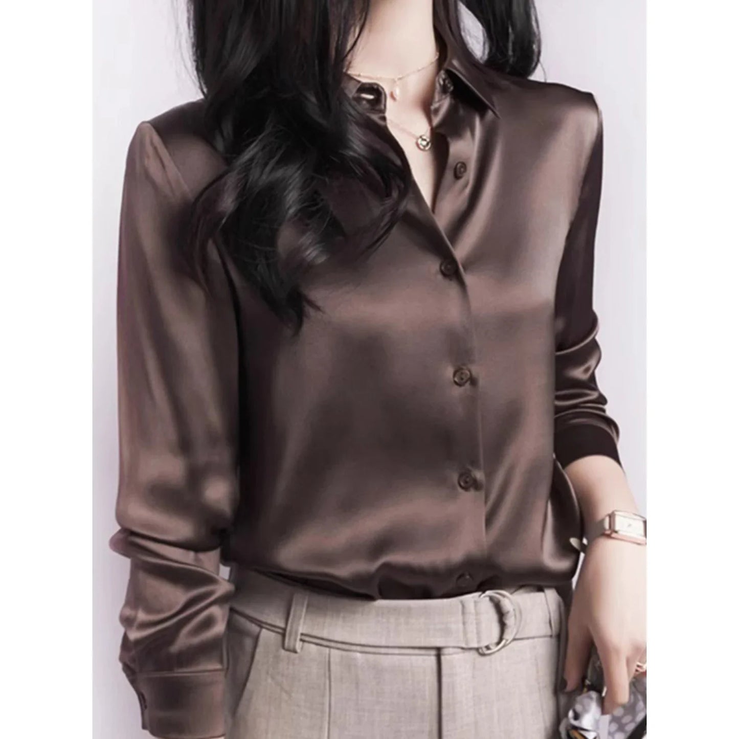 Elegant Satin Long-Sleeved Blouse for Women