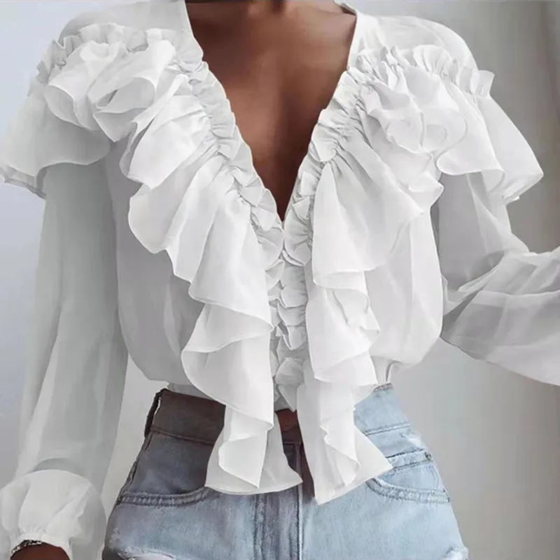 Women's Spring/Autumn V-Neck Pleated Ruffle Blouse