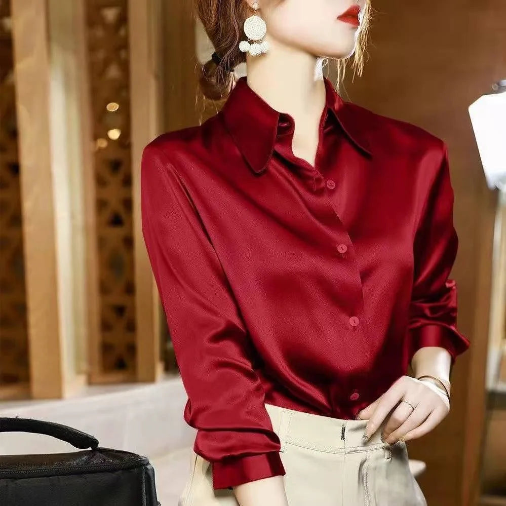 Elegant Satin Long-Sleeved Blouse for Women