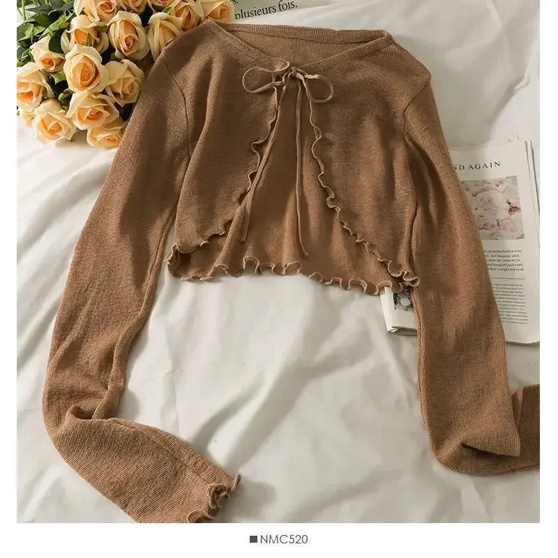 Bow Lace-Up Long Sleeve Crop Top for Women