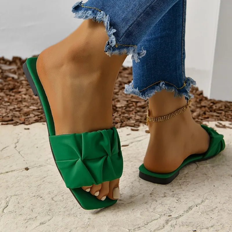 Stylish Pleated Green Slip-On Sandals for Women