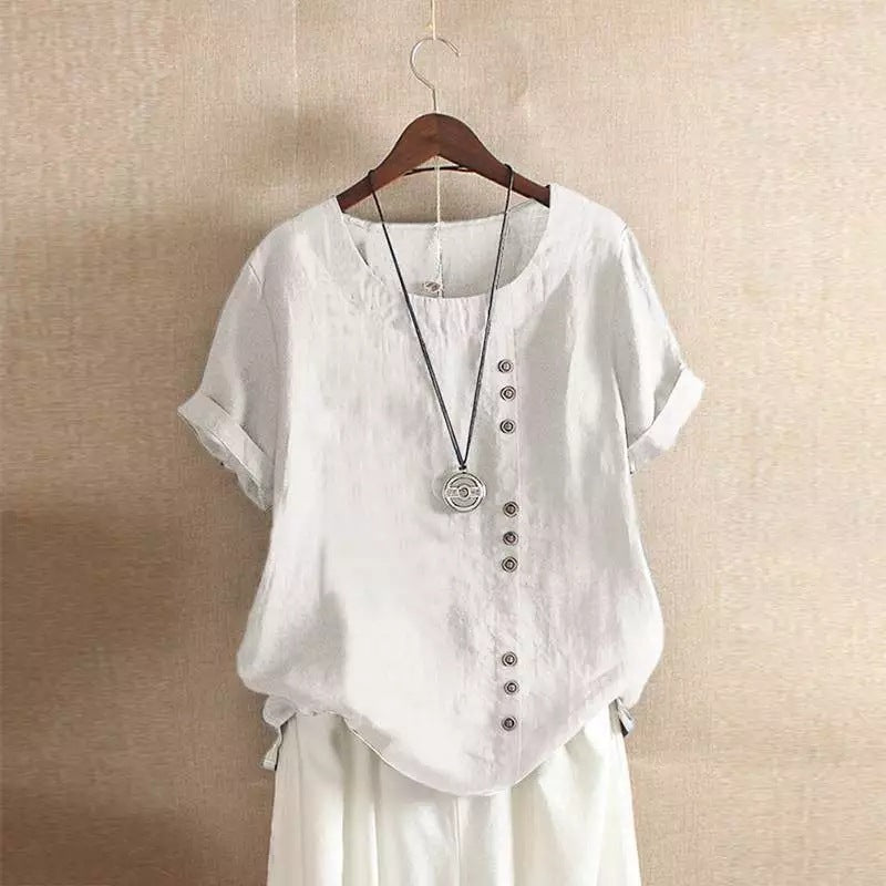 Women's Summer Loose Fit Button Short Sleeve Blouse