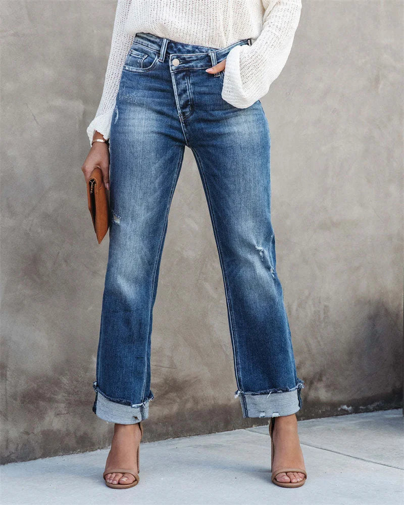 Ivyshape | Straight Jeans with High Waist and Button Fly