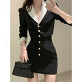 Elegant Two-Piece-Set: Crop Jacket With Golden Buttons + High Waist Mini Skirt