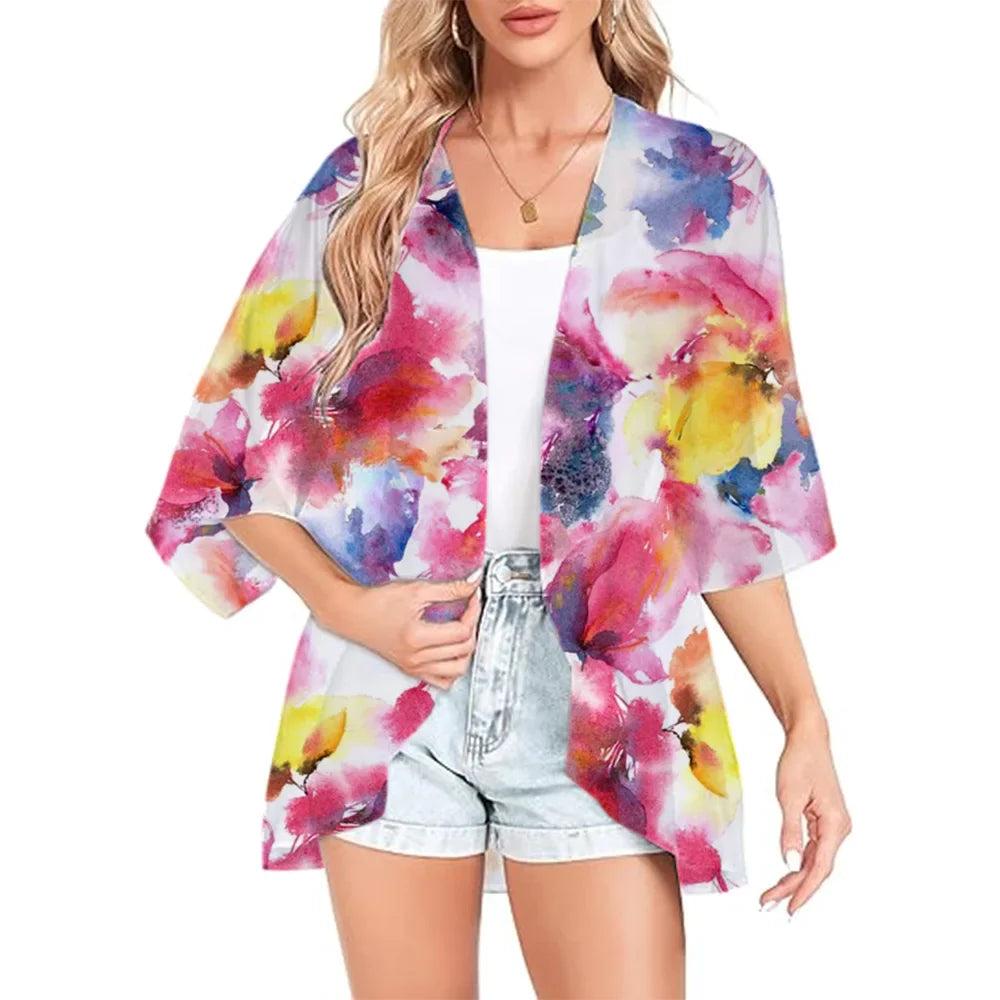 Trendy Watercolor Floral Kimono Cardigan for Women