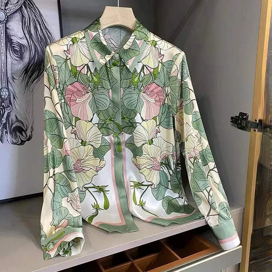 Women's Floral Satin Long Sleeve Blouse for Summer