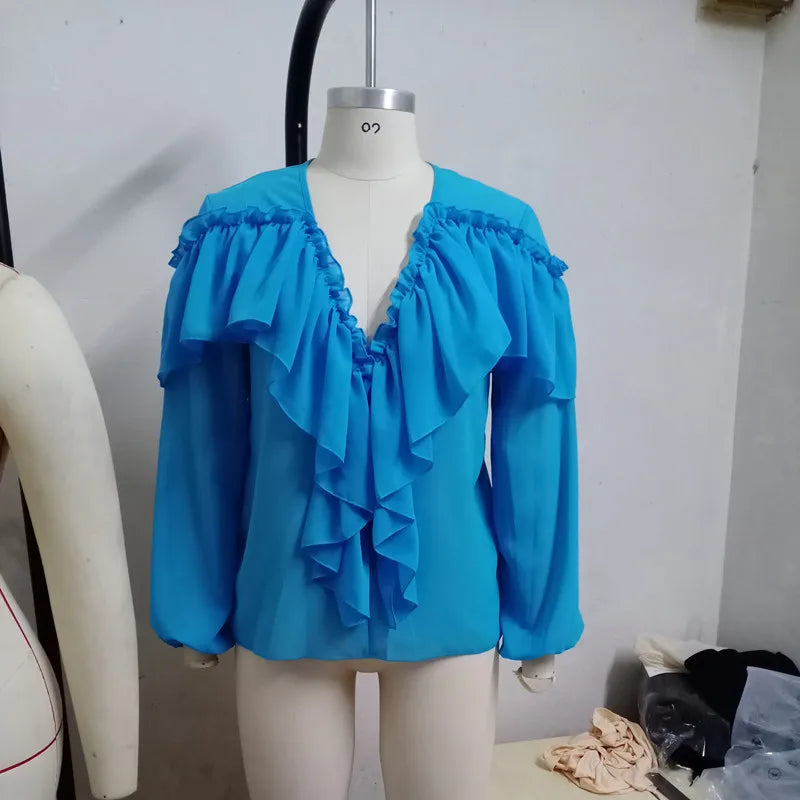 Women's Spring/Autumn V-Neck Pleated Ruffle Blouse