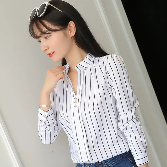 Ivyshape | Women's Spring/Autumn Casual Striped Long-Sleeve Stand-Up Collar Shirt