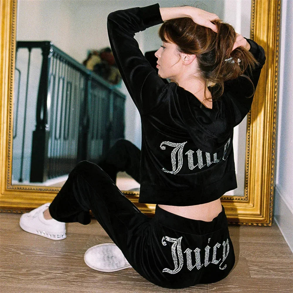 IvyShape | Velour Tracksuit Women Long Sleeve Hoodie Juicy Bling Shine Tops and Pants Two Piece Diamond Logo Print Casual Workout Clothing
