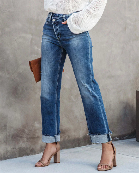 Ivyshape | Straight Jeans with High Waist and Button Fly