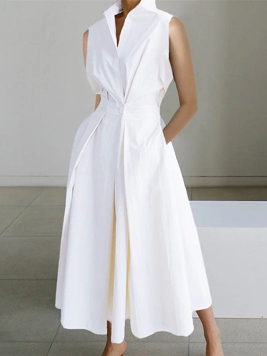 Ivyshape | White Shirt Collar Urban Cotton Dress