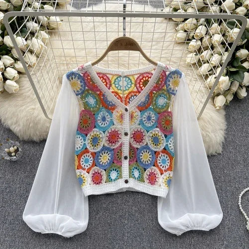 Women's Summer Crochet Hollow Out Lantern Sleeve Patchwork Blouse