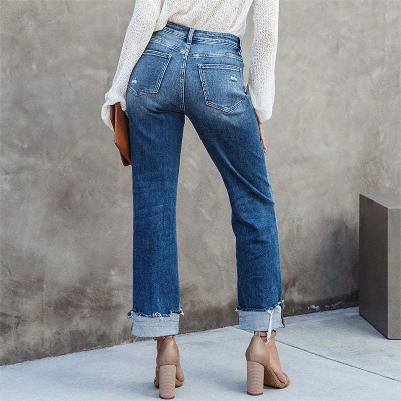 Ivyshape | Straight Jeans with High Waist and Button Fly