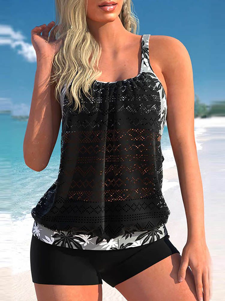 Ivyshape | Plus Size Tankini Set With Lace Seam and Leaf Pattern