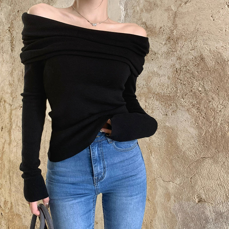 Off-Shoulder Slim Knit Long Sleeve Blouse