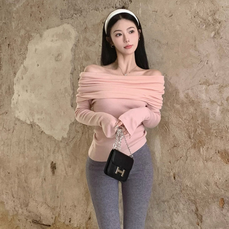 Off-Shoulder Slim Knit Long Sleeve Blouse