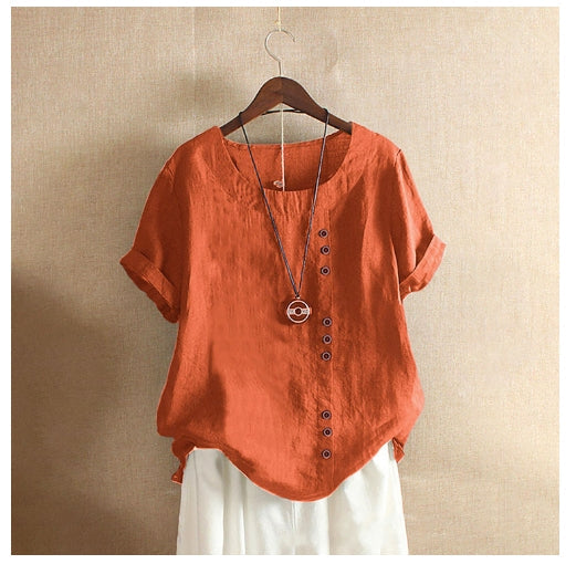 Women's Summer Loose Fit Button Short Sleeve Blouse