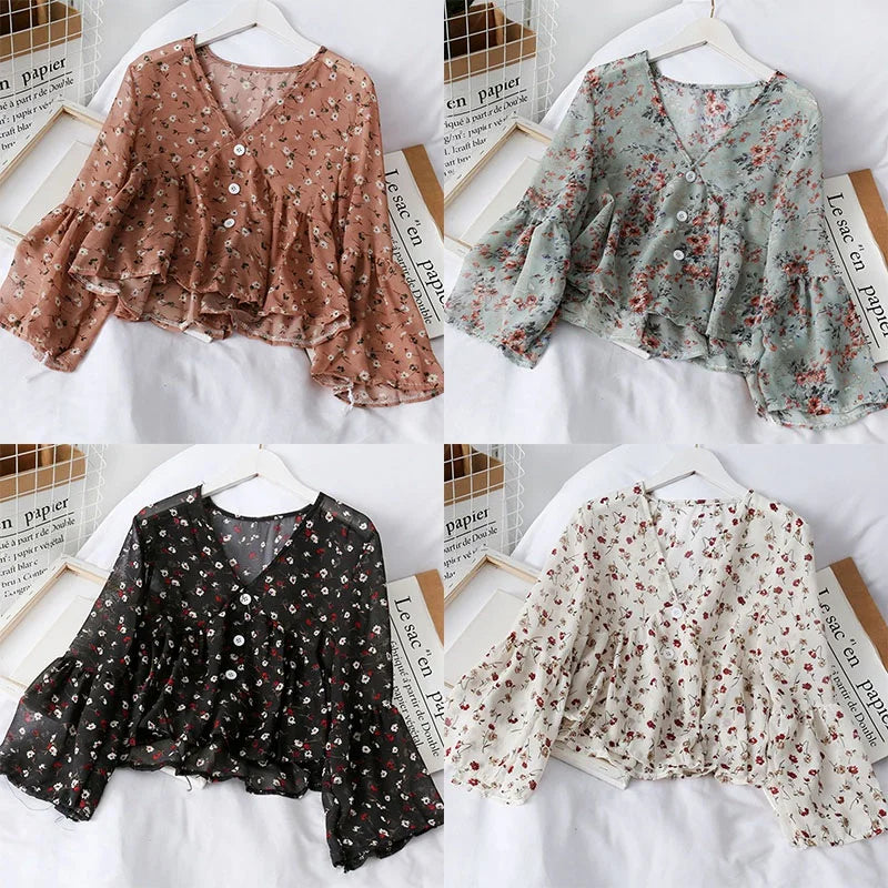 Delicate Floral Print Chiffon Blouse for Women