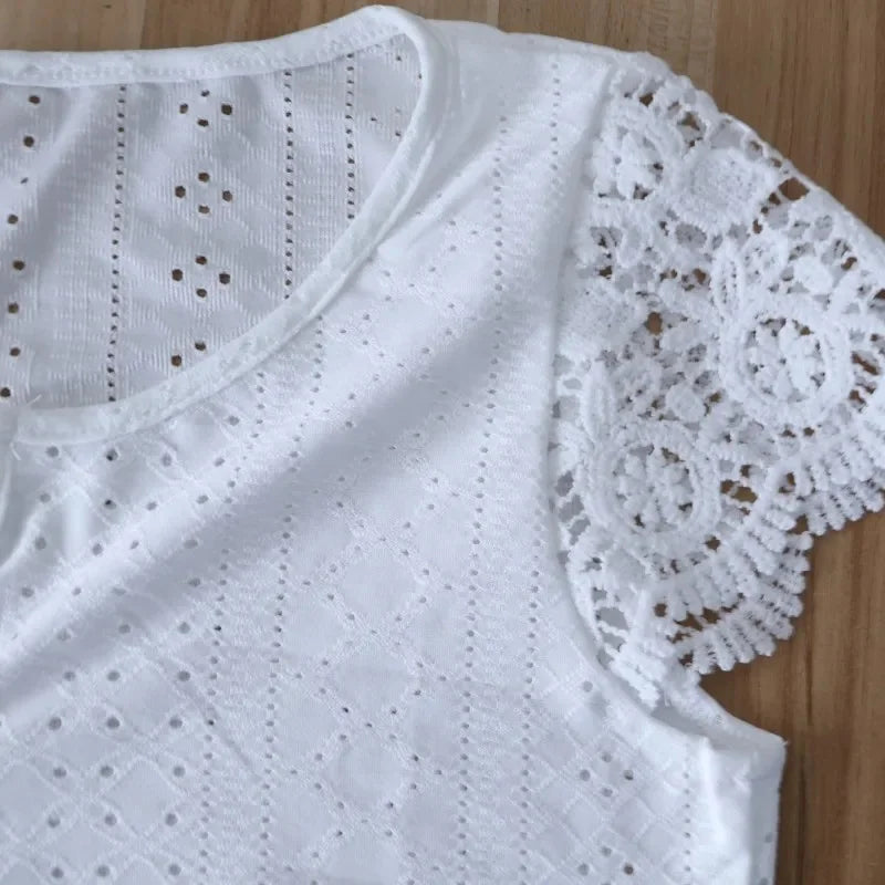 Lace Patch V-Neck Casual Blouse