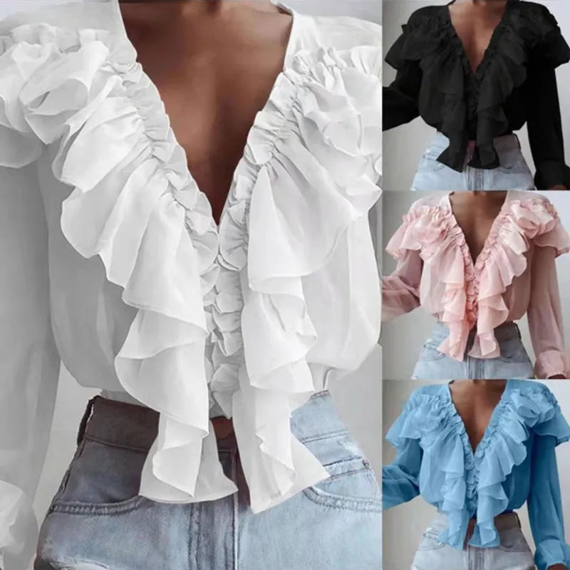 Women's Spring/Autumn V-Neck Pleated Ruffle Blouse