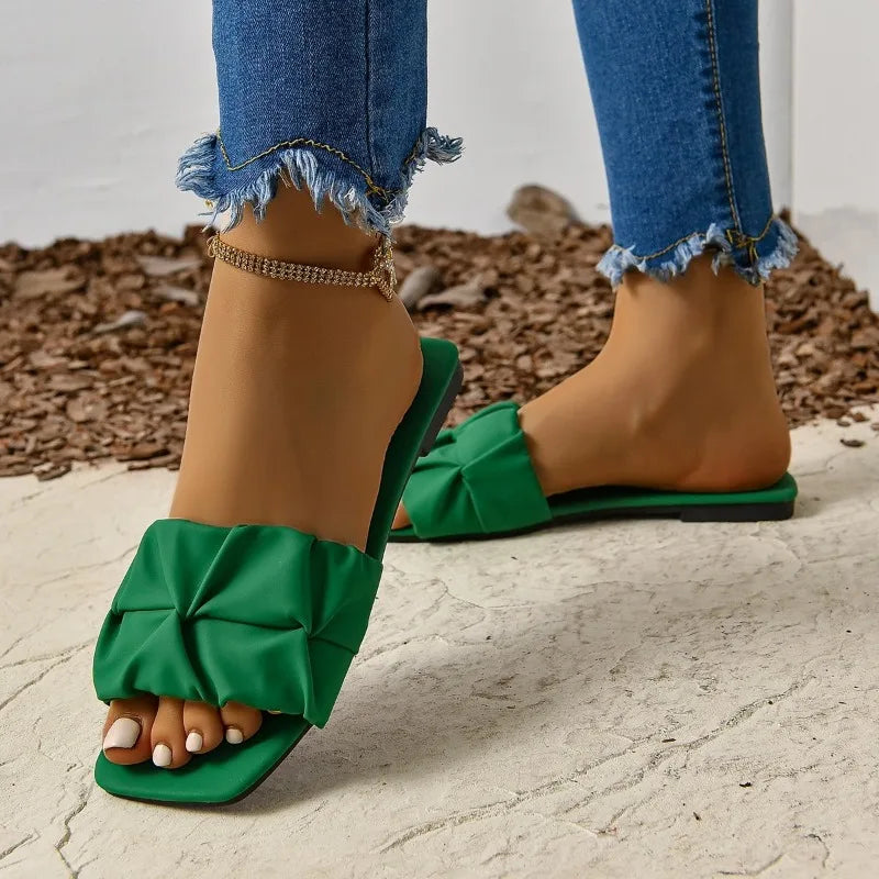 Stylish Pleated Green Slip-On Sandals for Women