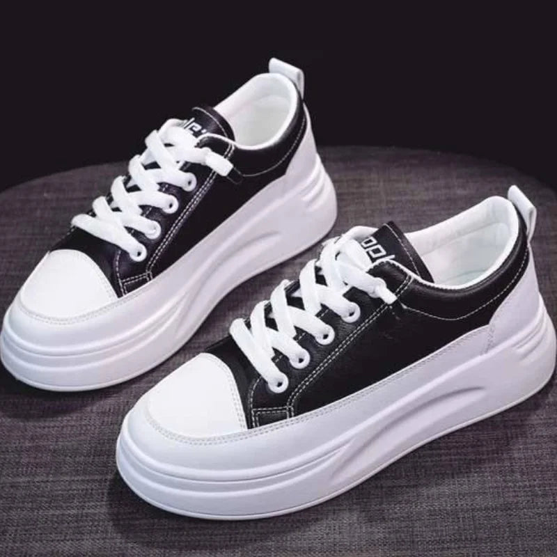 Fashionable Thick-Soled White Lace-Up Sneakers for Women