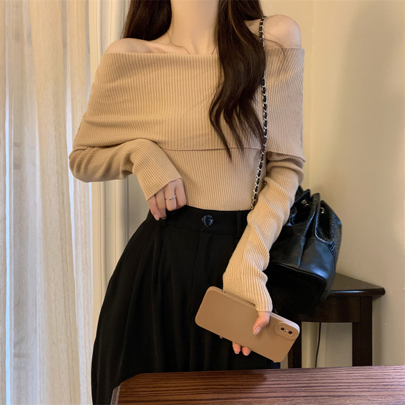 Off-Shoulder Slim Knit Long Sleeve Blouse