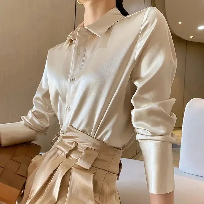 Elegant Satin Long-Sleeved Blouse for Women