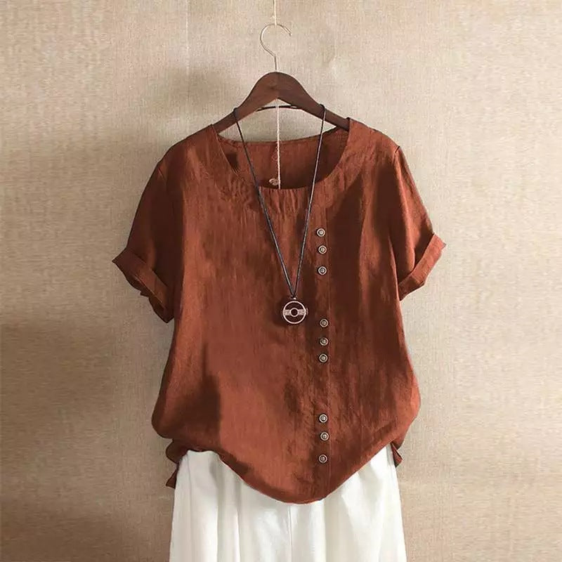 Women's Summer Loose Fit Button Short Sleeve Blouse