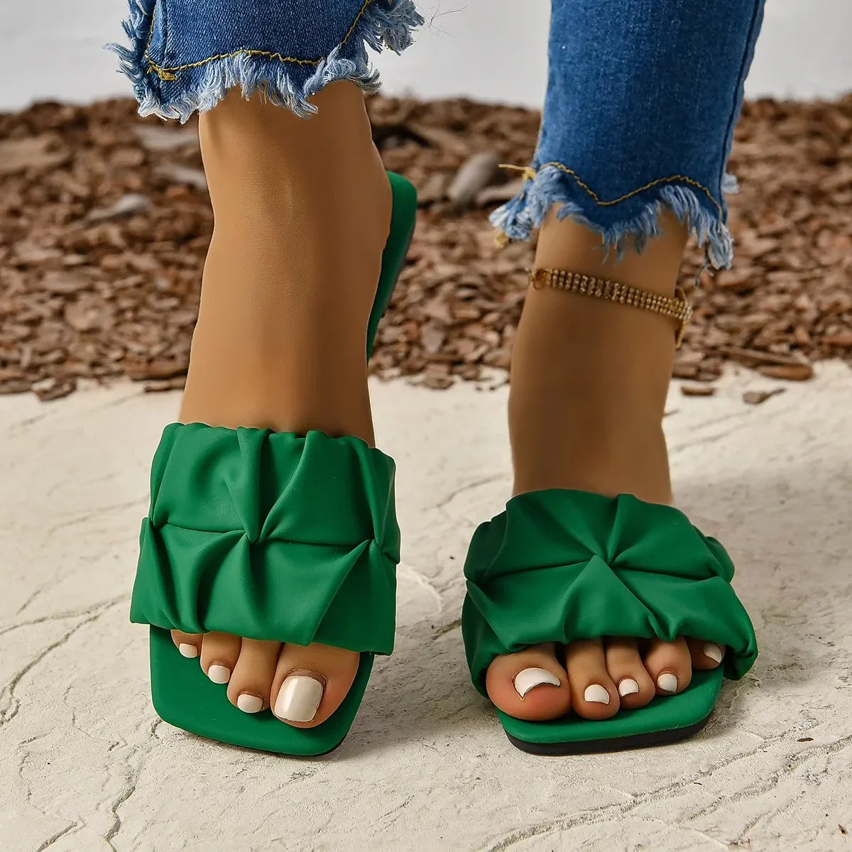 Stylish Pleated Green Slip-On Sandals for Women