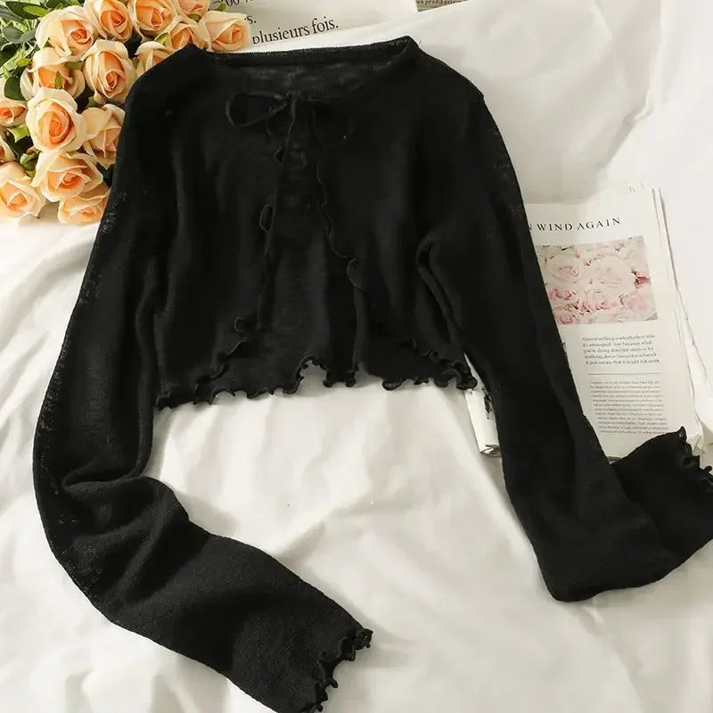 Bow Lace-Up Long Sleeve Crop Top for Women