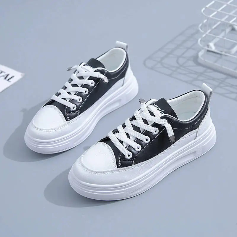 Fashionable Thick-Soled White Lace-Up Sneakers for Women