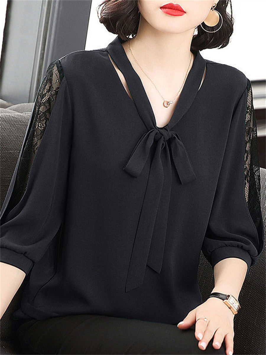 Ivyshape | Women's Elegant Bow Blouse Long Sleeve