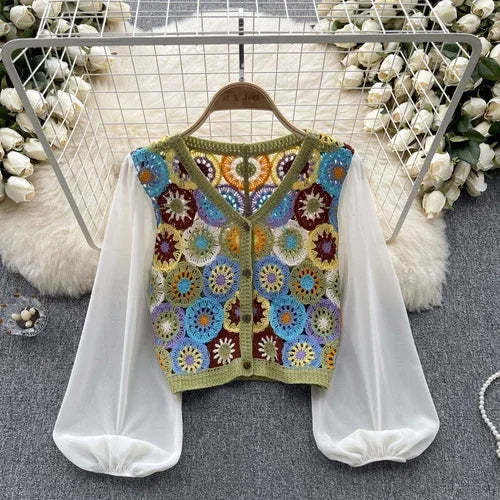 Women's Summer Crochet Hollow Out Lantern Sleeve Patchwork Blouse